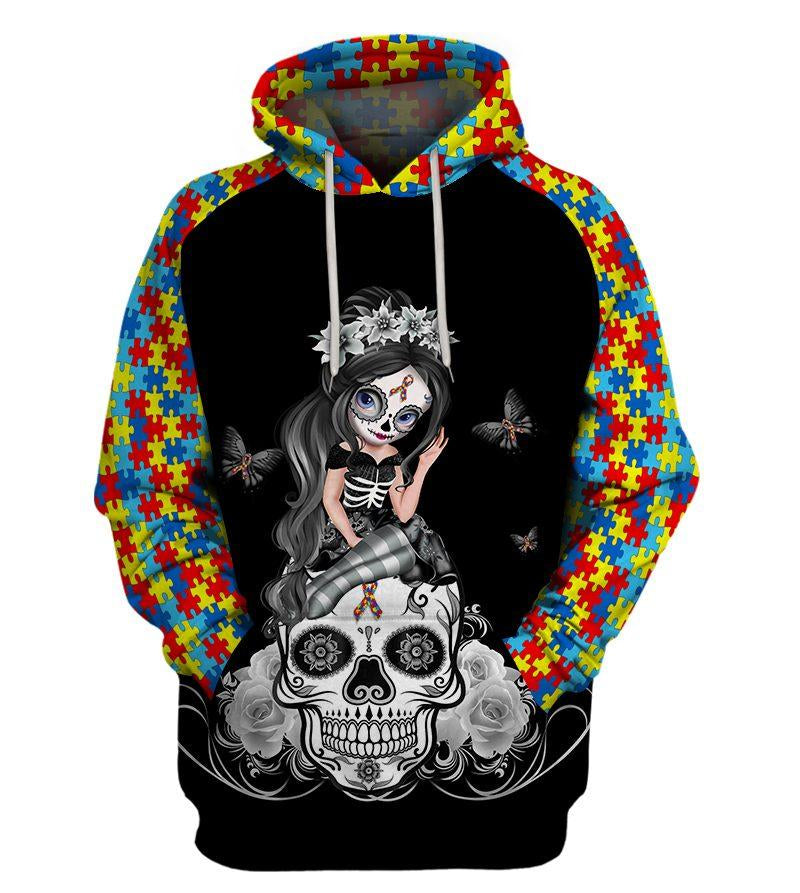 Autism Sugar Skull Girl Awareness Kid And Adult Hoodie, Hoodie For Women On Birthday, Christmas, Anniversary