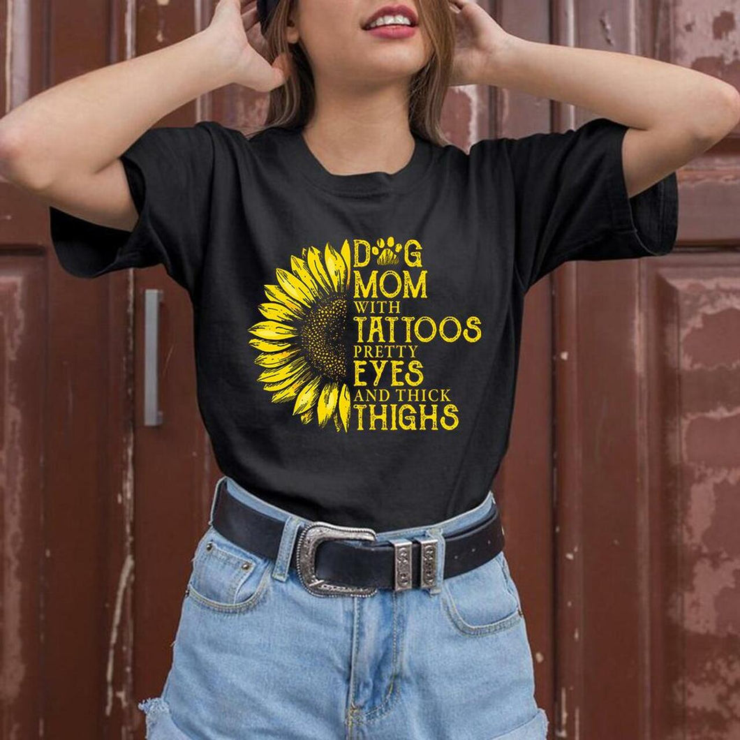 Dog Mom With Tattoos Sunflower Shirt Gift For Dog Lover Tshirt Gifts For Mom Short- Sleeves Tshirt Great Customized Gifts For Birthday Christmas Thanksgiving Mother's Day